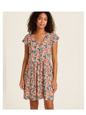 Garnet Hill V-Neck Marina Crepe Dress - Teal &Coral Floral Print - Size S